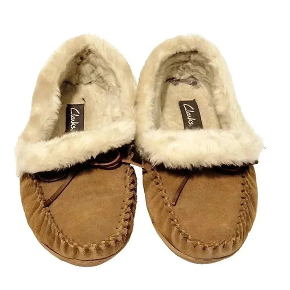 Clarks Shoes - Clarks Moccasin Slippers 9M Women's Tan Suede Leather Faux Fur Indoor Outdoor